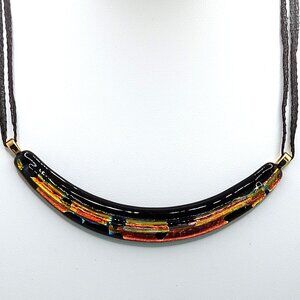 Curved Dichroic Fused Glass Pendant Gauze Double Strand Necklace 17" Signed TB